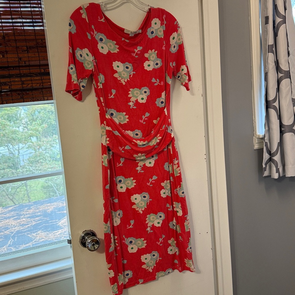 Boden Red Jersey Lined Floral Pencil Dress Short Sleeve Faux Wrap Size 6